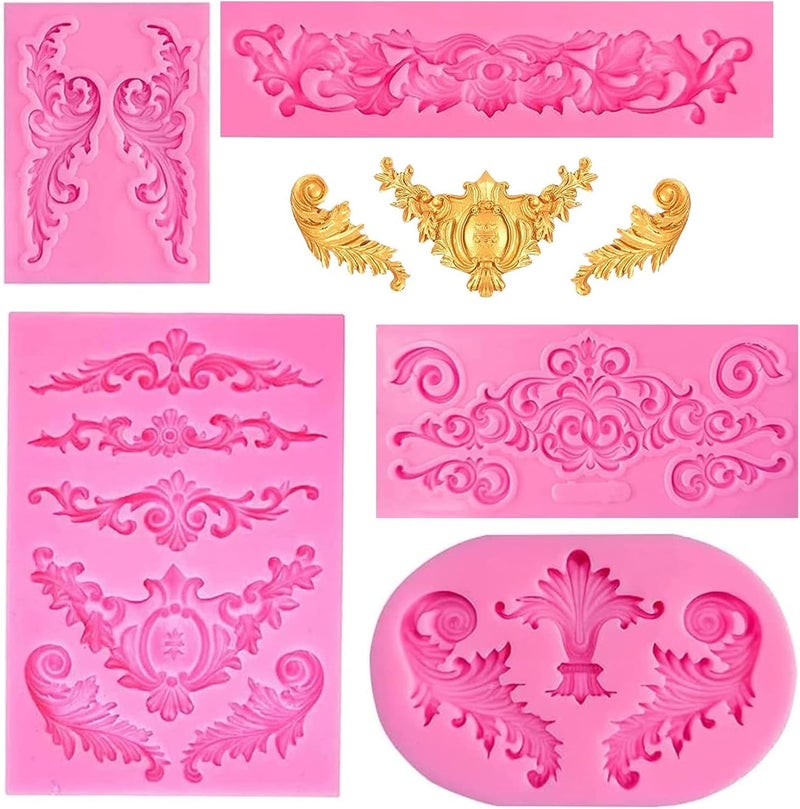 Pofflujent 5 Pcs Baroque Silicone Molds Baroque Style Curlicues Scroll Lace Fondant Silicone Mold Scroll silicone Baroque Mold Relief Flower Lace Mould for Wedding Birthday Cake Decoration - Image 1